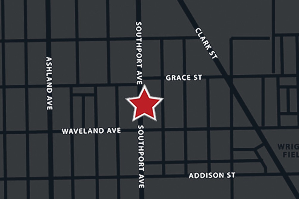 Southport Corridor map with a red star at the location of Music Box Theatre